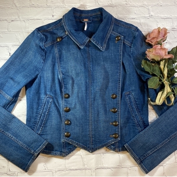 Free People Military Band Denim Jacket in Vintage Blue Moto Jacket Size XS - Picture 6 of 15